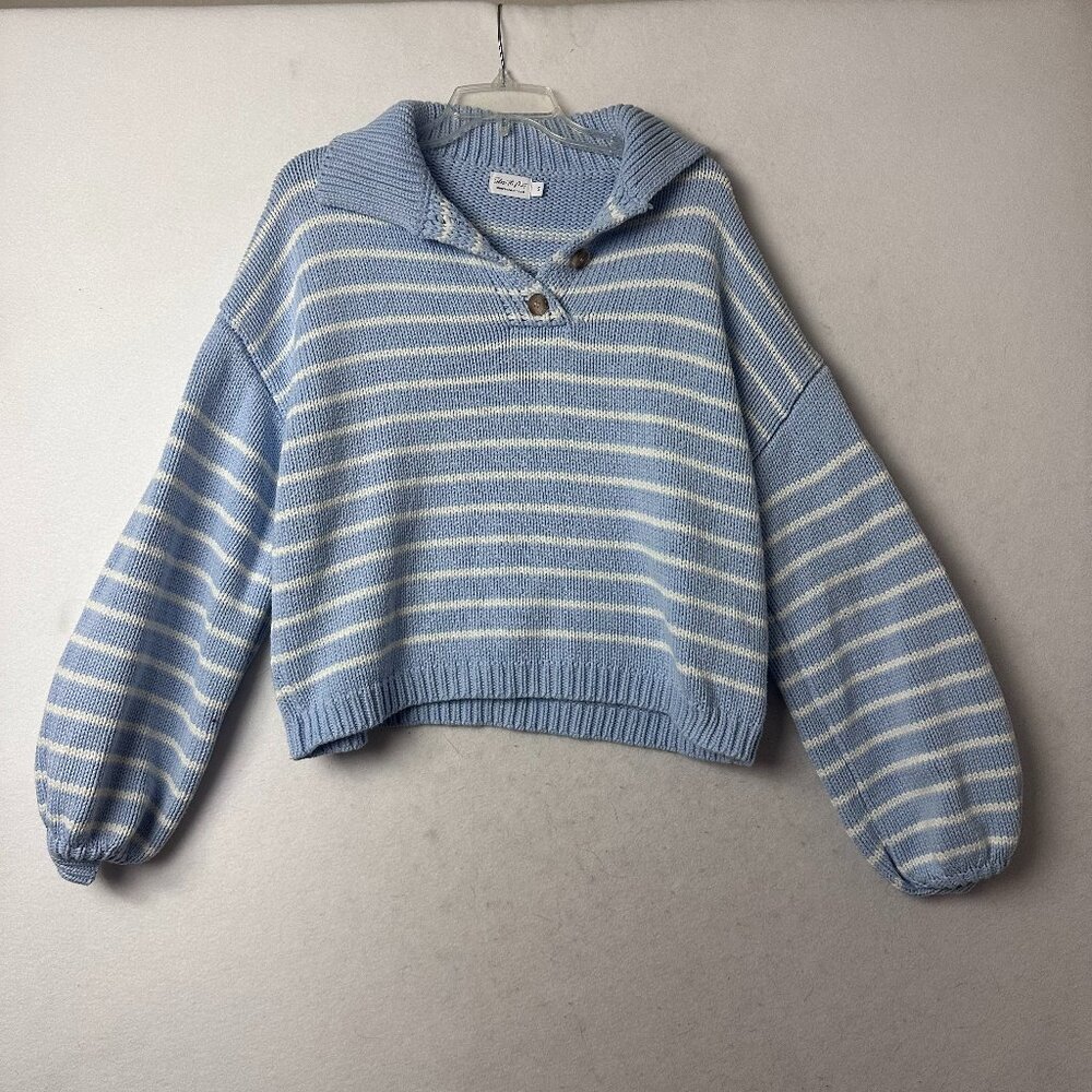 Shop The Mint sweater sz S blue white stripes balloon sleeve‎ cropped 1/4 button